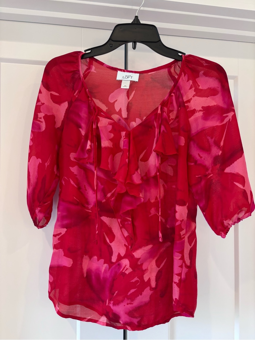 LOFT Pink & Red Sheer Floral Ruffle Tie Blouse